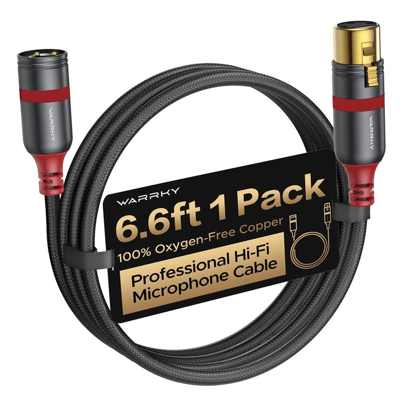 Warrky كابلات XLR بطول 6 أقدام - عبوة واحدة [نحاس خالي من الأكسجين (OFC)، موصل مطلي بالذهب] كابل ميكروفون متوازن ذكر إلى أنثى احترافي Hi-Fi XLR - Image 1